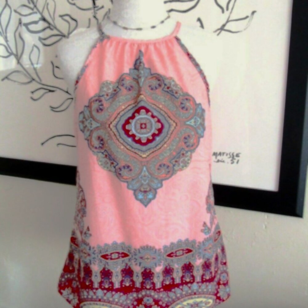 Pale coral ethnic tribal mandela print silky top M